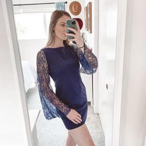 COPY - Lace Bell Sleeve Open Back Cocktail Dress Navy M